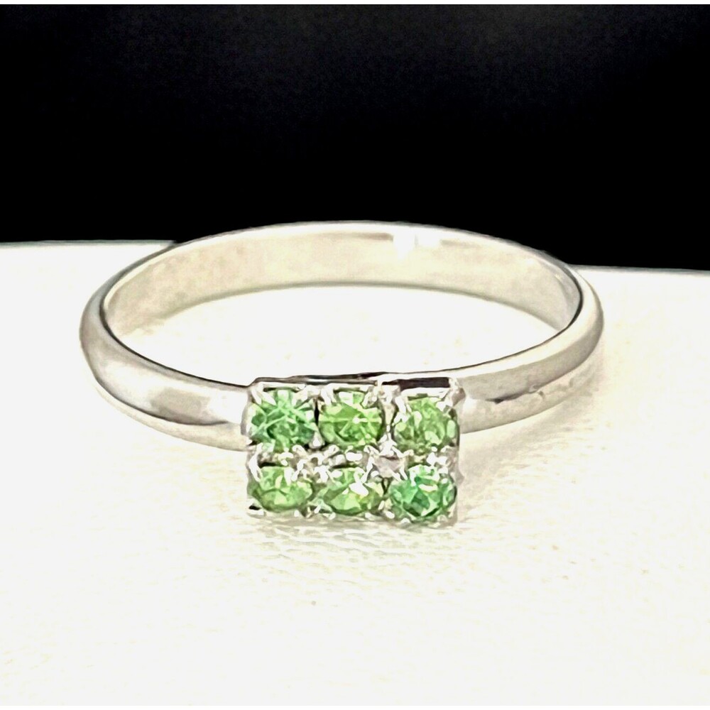 Vintage 1960s Ring Silver Tone Green Rhinestone Mid Century Modern - 4J